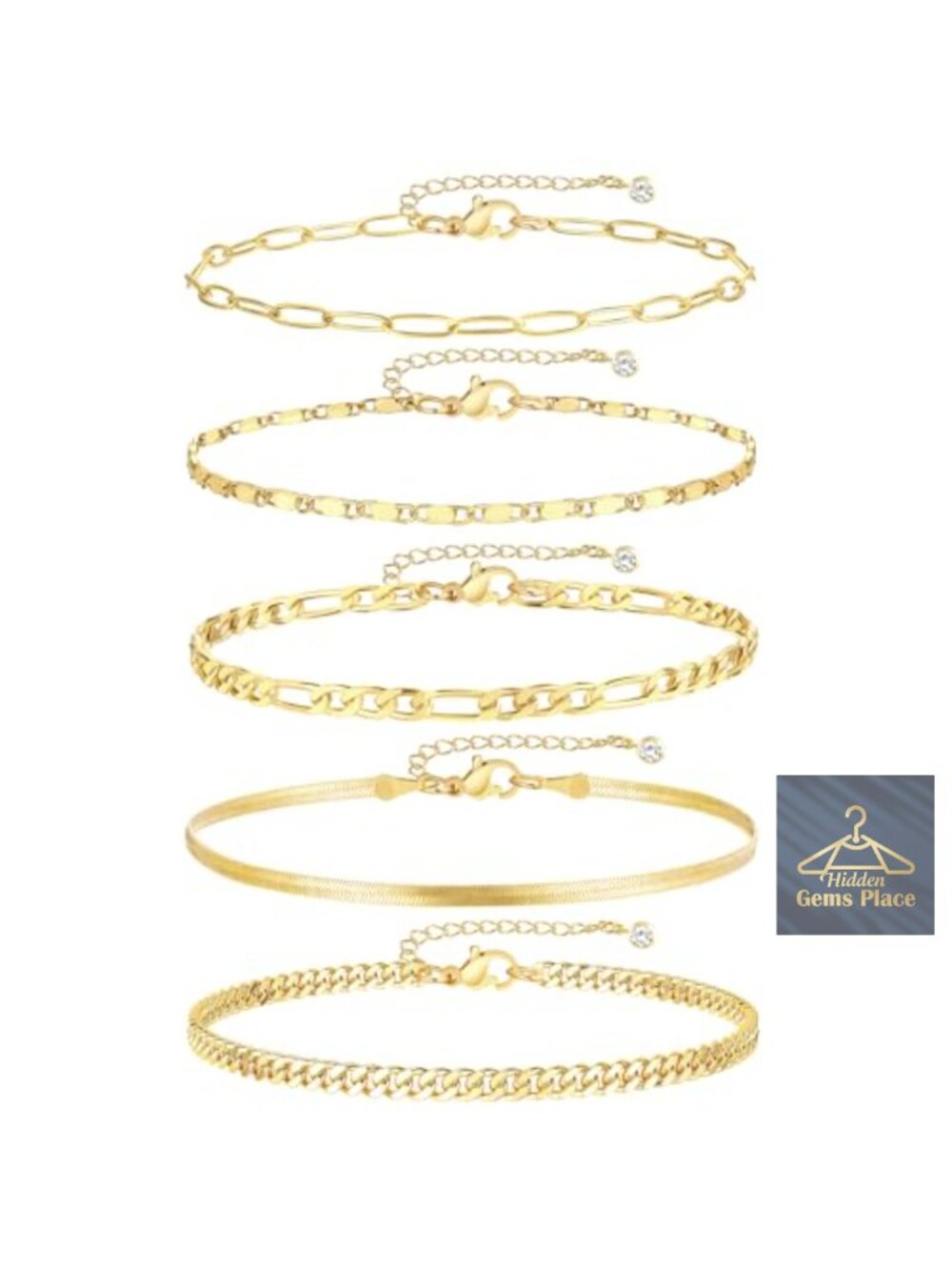 14k Gold Plated Cuban Link Anklet Set, 5pcs Layered Anklets Adjustable